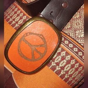 Dillon Rogers Handcrafted Leather Belt With Peace Sign Buckle 40" Great Conditio